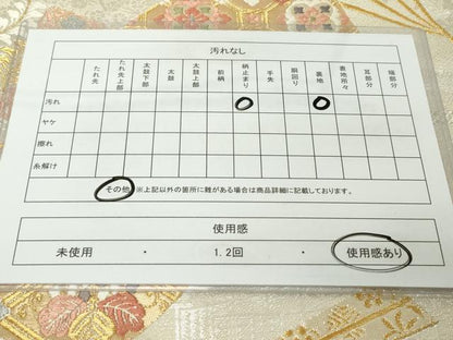 平和屋着物◎六通柄袋帯　唐織　慶長小袖檜扇文様　金銀糸　正絹　逸品　DABJ3495ea