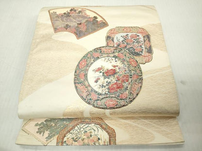 平和屋着物◎六通柄袋帯　清香玉陶　花絵皿文　金糸　正絹　逸品　DABJ3496ea