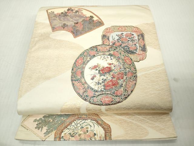 平和屋着物◎六通柄袋帯　清香玉陶　花絵皿文　金糸　正絹　逸品　DABJ3496ea