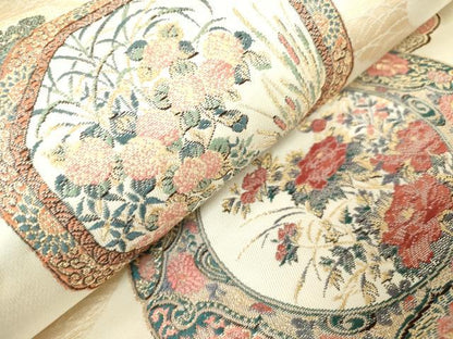 平和屋着物◎六通柄袋帯　清香玉陶　花絵皿文　金糸　正絹　逸品　DABJ3496ea