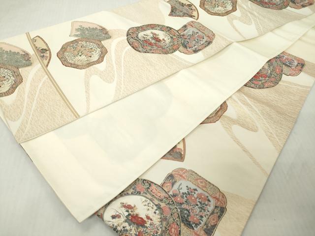 平和屋着物◎六通柄袋帯　清香玉陶　花絵皿文　金糸　正絹　逸品　DABJ3496ea