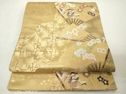 平和屋着物◎六通柄袋帯　唐織　道長扇面花鳥文　金糸　正絹　逸品　DABJ3498ea