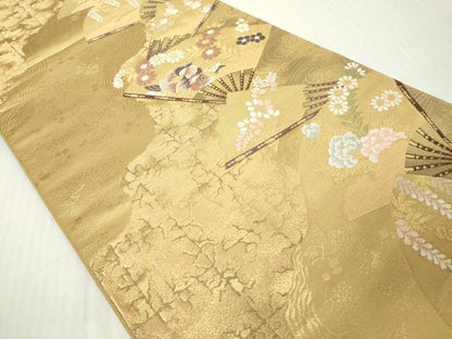 平和屋着物◎六通柄袋帯　唐織　道長扇面花鳥文　金糸　正絹　逸品　DABJ3498ea