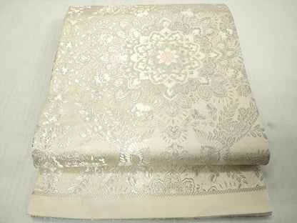 平和屋着物◎六通柄袋帯　唐織　花喰い鳥　正倉院花文　銀糸　正絹　逸品　DABJ3499ea