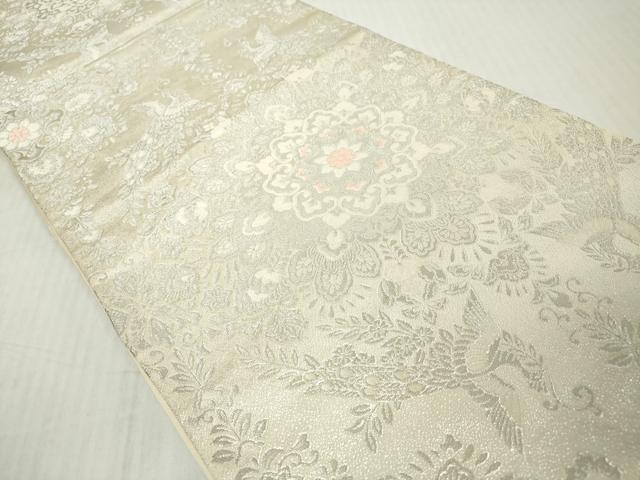 平和屋着物◎六通柄袋帯　唐織　花喰い鳥　正倉院花文　銀糸　正絹　逸品　DABJ3499ea