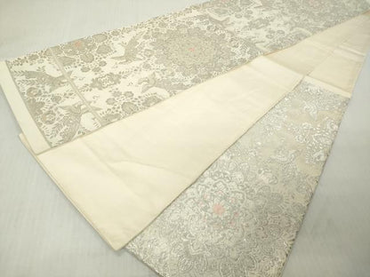 平和屋着物◎六通柄袋帯　唐織　花喰い鳥　正倉院花文　銀糸　正絹　逸品　DABJ3499ea