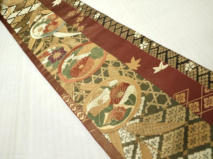 平和屋着物◎西陣　京洛苑たはら謹製　両面　半幅帯　唐織　花丸間道　枝垂れ柳　金糸　証紙付き　DABJ3500ea