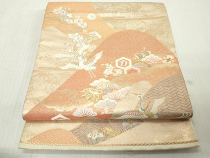 平和屋着物◎六通柄袋帯　唐織　重ね山飛鶴花松文　金糸　正絹　逸品　DABJ3509ea