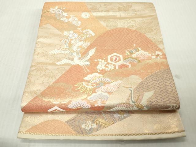 平和屋着物◎六通柄袋帯　唐織　重ね山飛鶴花松文　金糸　正絹　逸品　DABJ3509ea
