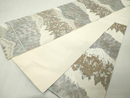 平和屋着物◎六通柄　京袋帯　重ね山文　銀糸　正絹　逸品　DABJ3511ea