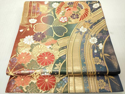 平和屋着物◎両面　六通柄袋帯　唐織　枝垂れ桜　花鳥丸文　金糸　正絹　逸品　DABJ3516ea