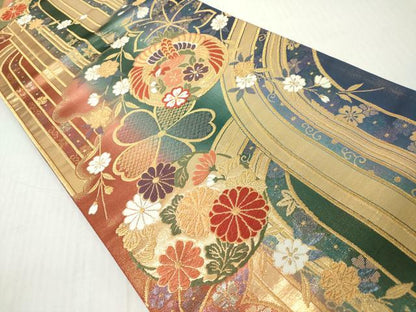 平和屋着物◎両面　六通柄袋帯　唐織　枝垂れ桜　花鳥丸文　金糸　正絹　逸品　DABJ3516ea