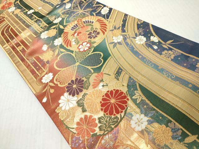 平和屋着物◎両面　六通柄袋帯　唐織　枝垂れ桜　花鳥丸文　金糸　正絹　逸品　DABJ3516ea