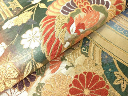 平和屋着物◎両面　六通柄袋帯　唐織　枝垂れ桜　花鳥丸文　金糸　正絹　逸品　DABJ3516ea