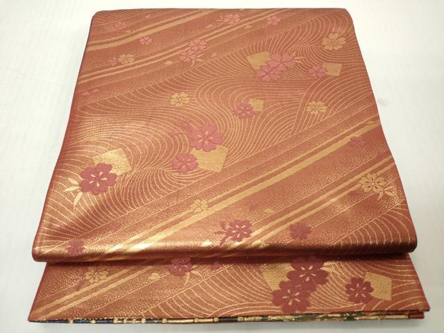 平和屋着物◎両面　六通柄袋帯　唐織　枝垂れ桜　花鳥丸文　金糸　正絹　逸品　DABJ3516ea