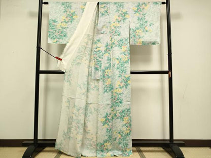 平和屋着物▽上質な小紋　単衣　手描き　枝花文　正絹　逸品　未使用　DABJ3530du