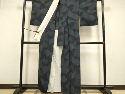 平和屋着物▽本塩沢　単衣　110亀甲　切嵌文様　正絹　逸品　DABJ3531du