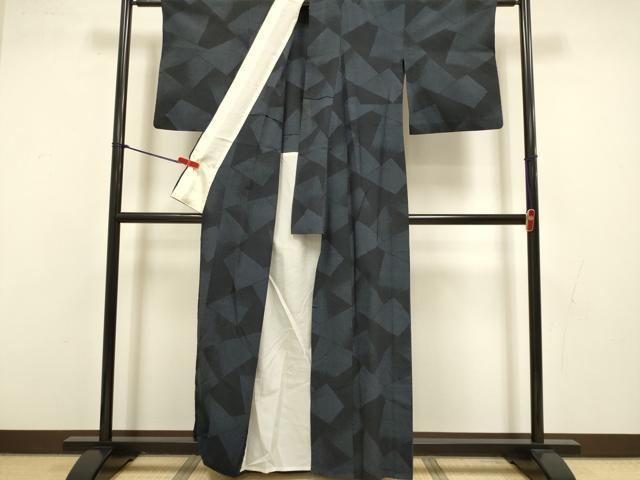 平和屋着物▽本塩沢　単衣　110亀甲　切嵌文様　正絹　逸品　DABJ3531du