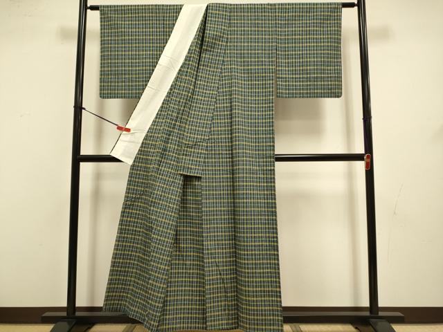 平和屋着物▽上質な紬　単衣　格子　正絹　逸品　DABJ3541du