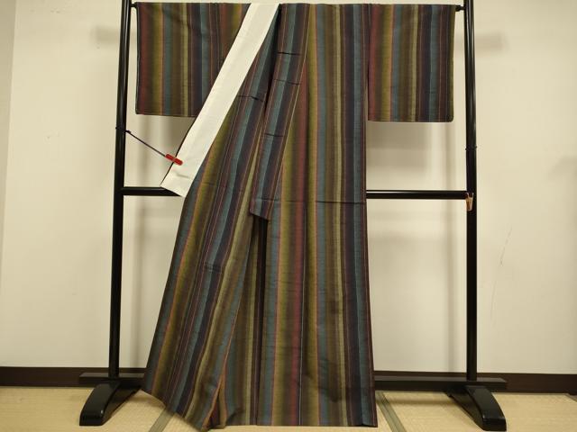 平和屋着物▽上質な紬 　単衣　 縞　正絹　逸品　未使用　DABJ3542du