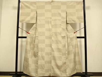 平和屋着物▽本塩沢　単衣　110亀甲　変わり市松文様　正絹　逸品　DABJ3556du