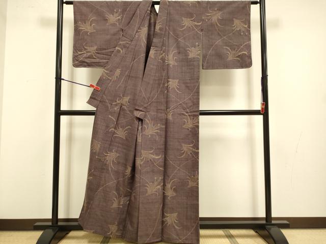 平和屋着物▽上質な紬 　単衣　 草葉文　正絹　逸品　未使用　DABJ3560du