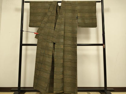 平和屋着物▽上質な紬　単衣　横段花文　正絹　逸品　DABJ3568du