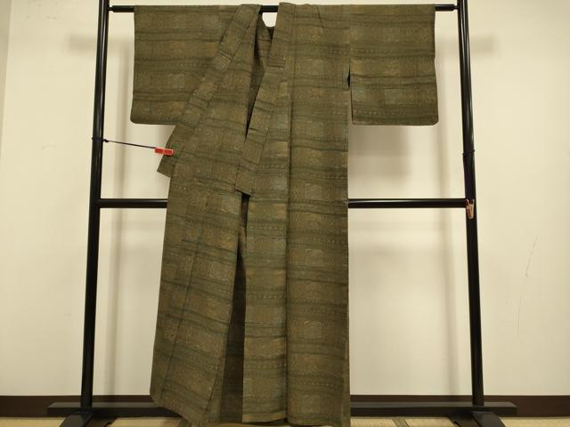 平和屋着物▽上質な紬　単衣　横段花文　正絹　逸品　DABJ3568du