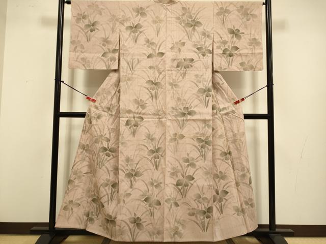 平和屋着物▽上質な紬　単衣　草花文　正絹　逸品　DABJ3575du