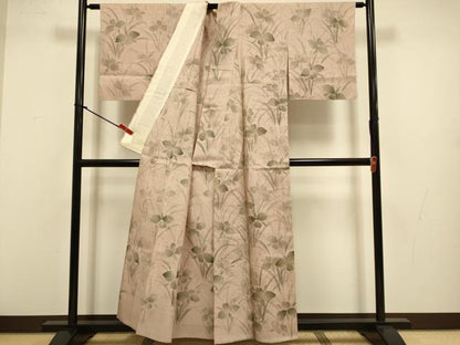 平和屋着物▽上質な紬　単衣　草花文　正絹　逸品　DABJ3575du
