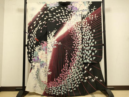 平和屋着物▽豪華振袖　単衣　刺繍　草花文　暈し染め　黒地　銀彩　正絹　逸品　DABJ3577du