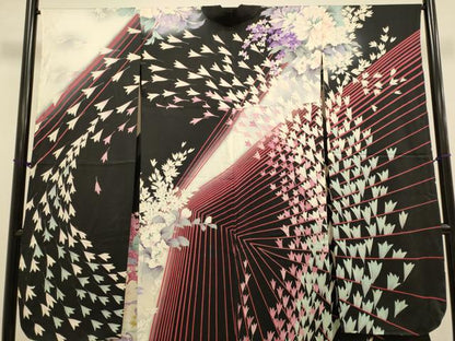 平和屋着物▽豪華振袖　単衣　刺繍　草花文　暈し染め　黒地　銀彩　正絹　逸品　DABJ3577du