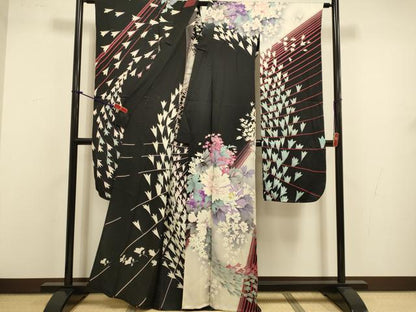 平和屋着物▽豪華振袖　単衣　刺繍　草花文　暈し染め　黒地　銀彩　正絹　逸品　DABJ3577du