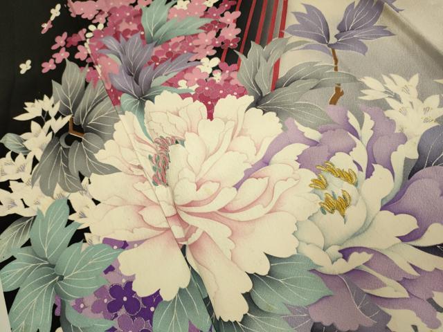 平和屋着物▽豪華振袖　単衣　刺繍　草花文　暈し染め　黒地　銀彩　正絹　逸品　DABJ3577du