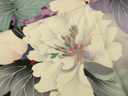 平和屋着物▽豪華振袖　単衣　刺繍　草花文　暈し染め　黒地　銀彩　正絹　逸品　DABJ3577du
