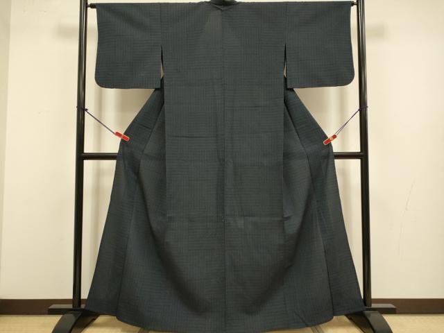 平和屋着物▽本塩沢　単衣　変わり市松文様　正絹　逸品　DABJ3578du