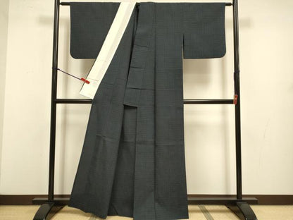 平和屋着物▽本塩沢　単衣　変わり市松文様　正絹　逸品　DABJ3578du