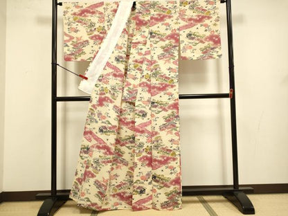 平和屋着物▽上質な小紋　単衣　型染　風景文　正絹　逸品　DABJ3585du