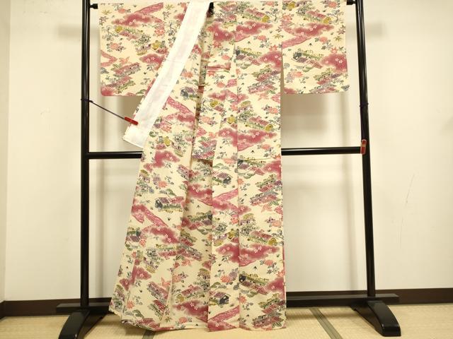 平和屋着物▽上質な小紋　単衣　型染　風景文　正絹　逸品　DABJ3585du