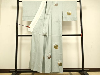 平和屋着物▽訪問着　単衣　刺繍　破れ色紙扇花文　金彩　正絹　逸品　DABJ3606du