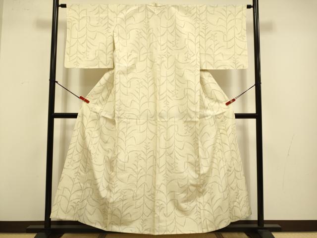 平和屋着物▽上質な紬　単衣　草葉文　正絹　逸品　DABJ3608du