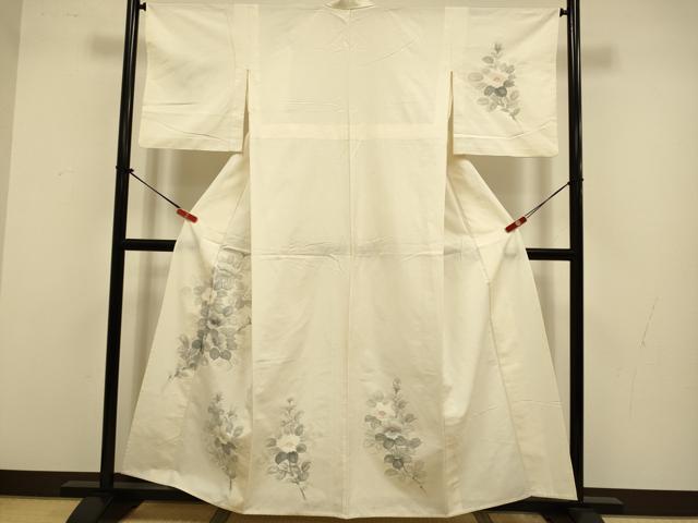 平和屋着物▽訪問着　単衣　紬地　手描き　枝花文　正絹　逸品　DABJ3615du