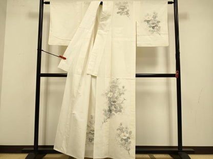 平和屋着物▽訪問着　単衣　紬地　手描き　枝花文　正絹　逸品　DABJ3615du