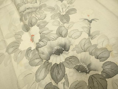 平和屋着物▽訪問着　単衣　紬地　手描き　枝花文　正絹　逸品　DABJ3615du