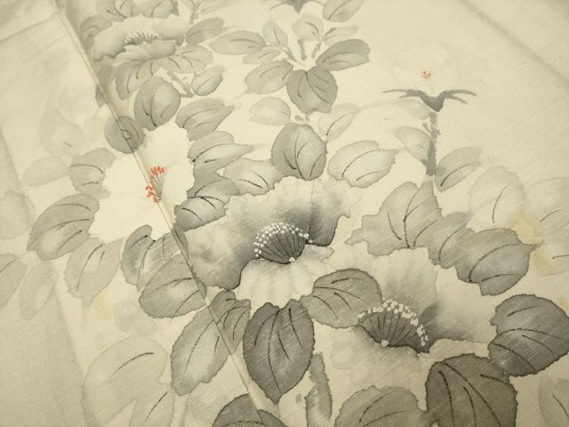 平和屋着物▽訪問着　単衣　紬地　手描き　枝花文　正絹　逸品　DABJ3615du