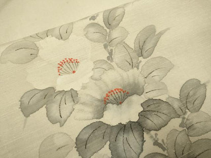 平和屋着物▽訪問着　単衣　紬地　手描き　枝花文　正絹　逸品　DABJ3615du