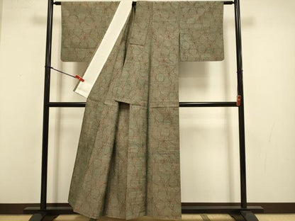 平和屋着物▽京都の和装業の老舗一門　千切屋　紬　倭文幡織　単衣　麻の葉文様　証紙付き　正絹　逸品　DABJ3621du