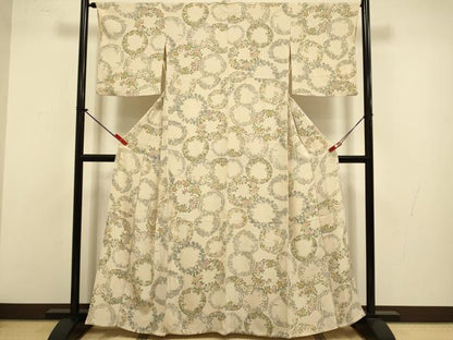 平和屋着物▽上質な小紋　単衣　花丸文　鬼しぼ縮緬　正絹　逸品　DABJ3624du