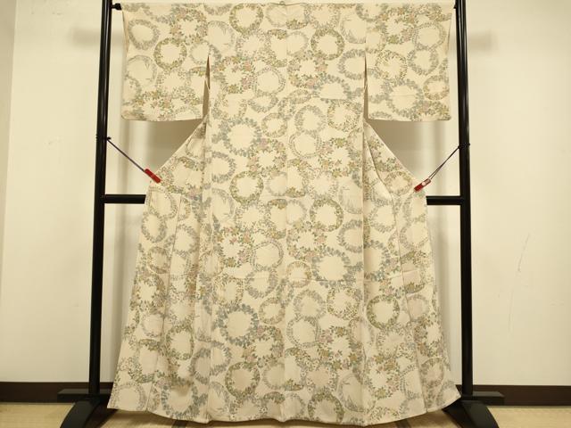 平和屋着物▽上質な小紋　単衣　花丸文　鬼しぼ縮緬　正絹　逸品　DABJ3624du