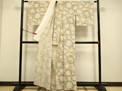 平和屋着物▽上質な小紋　単衣　花丸文　鬼しぼ縮緬　正絹　逸品　DABJ3624du